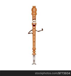 Cartoon musical flute character, music wind instrument. Isolated vector woodwind pipe personage for music school, educational classes for kids or concert performance. Funny flute with happy smile face. Cartoon musical flute character, music instrument