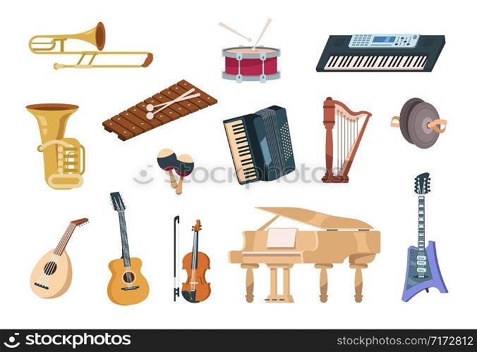 Cartoon musical instruments. Acoustic, electric, string and wind musical instruments with piano, guitars and drums. Vector isolated set audio entertainment elements concert instrument. Cartoon musical instruments. Acoustic, electric, string and wind musical instruments with piano, guitars and drums. Vector isolated set