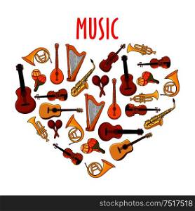 Cartoon musical instruments arranged into heart symbol with acoustic guitars and violins, saxophones and trumpets, horns and harps, maracas and banjo mandolins. Use as love music theme or arts, music and entertainment design. Heart with classical musical instruments symbol