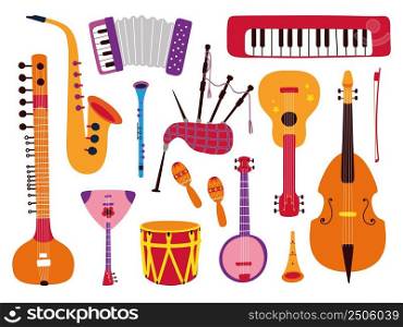 Cartoon musical instruments. Composer instrument, guitar and violin. Isolated accordion, band music. Flute saxophone, entertainment or hobby vector set. Illustration of classical guitar and piano. Cartoon musical instruments. Composer instrument, guitar and violin. Isolated accordion, band music elements. Flute saxophone, entertainment or hobby classy vector set