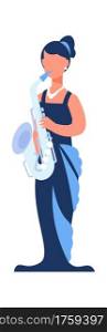Cartoon musician. Woman with saxophone. Young female playing music. Isolated cute character holding musical instrument. Symphonic orchestra saxophonist or jazz band performer. Vector trumpet player. Cartoon musician. Woman with saxophone. Female playing music. Cute character holding musical instrument. Symphonic orchestra saxophonist or jazz band performer. Vector trumpet player