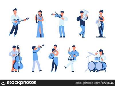 Cartoon musicians. Men and women playing musical instruments, street musicians and orchestra members. Vector illustration flat symphony band in blue set. Cartoon musicians. Men and women playing musical instruments, street musicians and orchestra members. Vector symphony band set