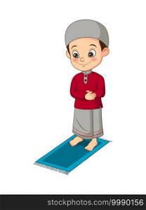 Cartoon muslim boy praying on mat