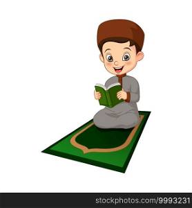 Cartoon muslim boy reading Quran book