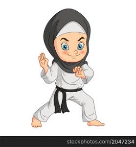 Cartoon muslim girl doing practicing karate