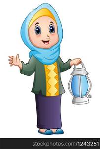 Cartoon muslim girl holding lantern