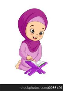 Cartoon muslim girl reading Quran