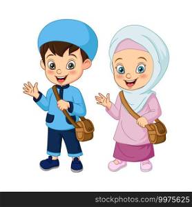 Cartoon muslim kids going to school