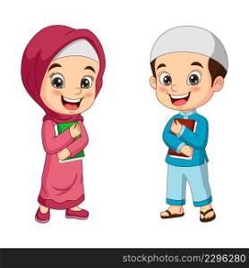 Cartoon muslim kids holding Quran book