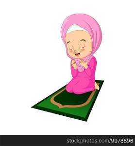 Cartoon muslim little girl praying on mat