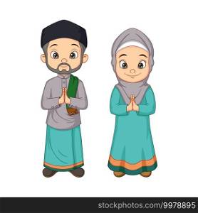 Cartoon muslim man and woman greeting salaam