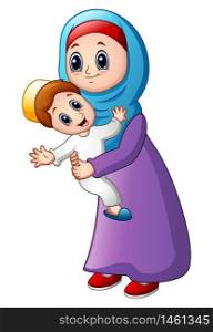 Cartoon muslim mom carrying her son