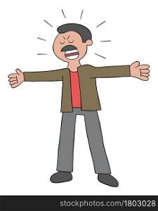 Cartoon mustache dad man is angry and shouting vector illustration. Colored and black outlines.