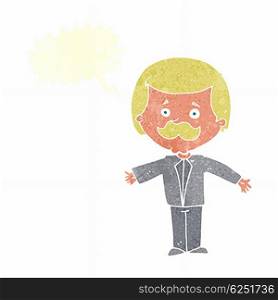 cartoon mustache man with open arms with speech bubble