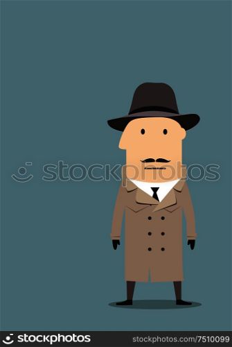 Cartoon mysterious spy, secret agent or detective in trench coat, felt hat and black gloves. Spy or detective agent in coat