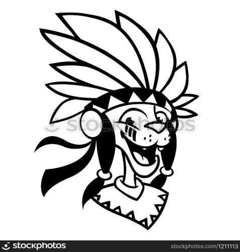 Cartoon Native American character coloring book. Vector illustration of native american chief with feathers on his head