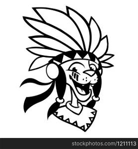 Cartoon Native American character coloring book. Vector illustration of native american chief with feathers on his head