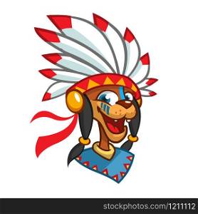 Cartoon Native American character head icon. Vector illustration of native american chief with feathers on his head