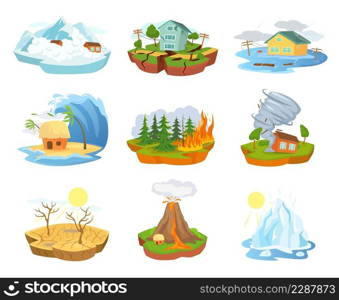 Cartoon natural disasters and catastrophes, extreme weather. Earthquake, flood, forest fire, hurricane, tsunami disaster vector set. Illustration of catastrophe disaster natural. Cartoon natural disasters and catastrophes, extreme weather. Earthquake, flood, forest fire, hurricane, tsunami disaster vector set