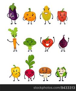 Cartoon natural food character collection elements. Vegetable products set with happy face, vector illustration. Funny healthy food advertising decoration with emotions, organic objects. Cartoon natural food character collection elements