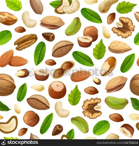 Cartoon natural food seamless pattern with different sorts of nuts and green leaves vector illustration. Cartoon Natural Food Seamless Pattern