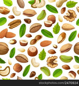 Cartoon natural food seamless pattern with different sorts of nuts and green leaves vector illustration. Cartoon Natural Food Seamless Pattern