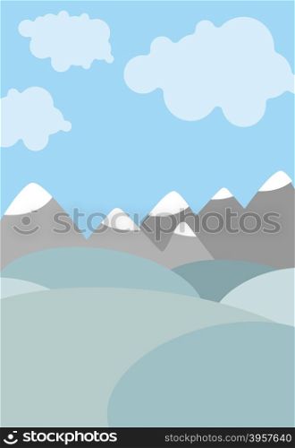 Cartoon natural landscape. Sky with clouds. Mountains and fields. Cute Vector background&#xA;&#xA;