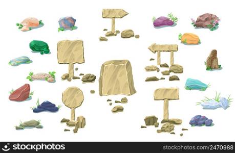 Cartoon natural stones collection with colorful beautiful rocks blank signboards pointers and plants isolated vector illustration . Cartoon Natural Stones Collection
