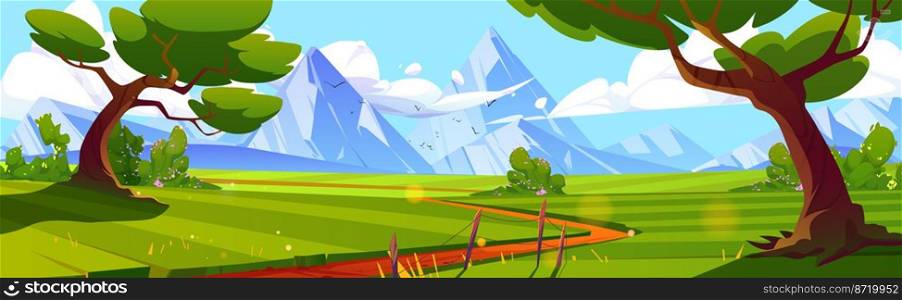 Cartoon nature landscape at day time. Rural dirt road going along green field with deciduous trees and snow mountains view. Scenery game background, Vector illustration. Cartoon nature landscape day time background