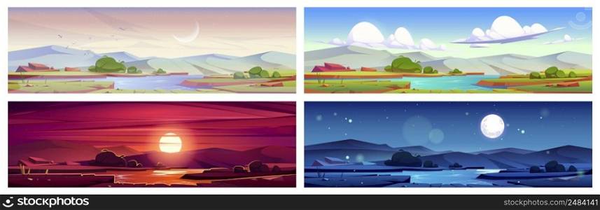 Cartoon nature landscape at early morning, day, evening sunset and night time. Green field with pond, grass, rocks picturesque scenery backgrounds, natural tranquil scenes, Vector illustration, set. Cartoon nature landscape at morning, day, night