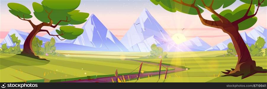 Cartoon nature landscape at early morning. Rural dirt road going along green field with deciduous trees and mountains view. Scenery game background, Vector illustration. Cartoon nature landscape early morning background