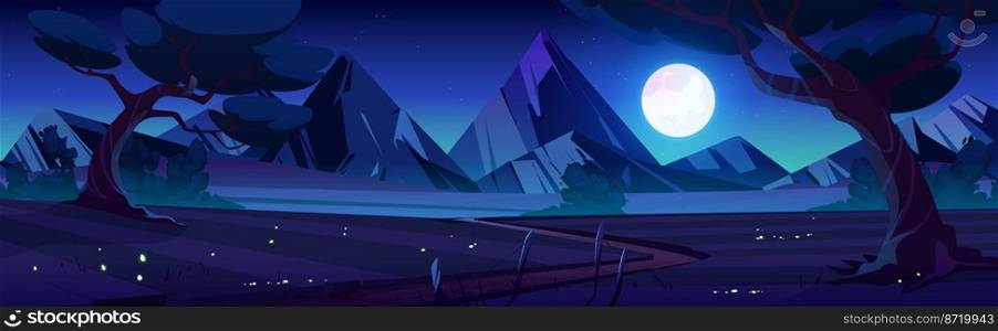 Cartoon nature landscape at night time. Rural dirt road going along dark field with deciduous trees and mountains view. Scenery game background, Vector illustration. Cartoon nature landscape night time background
