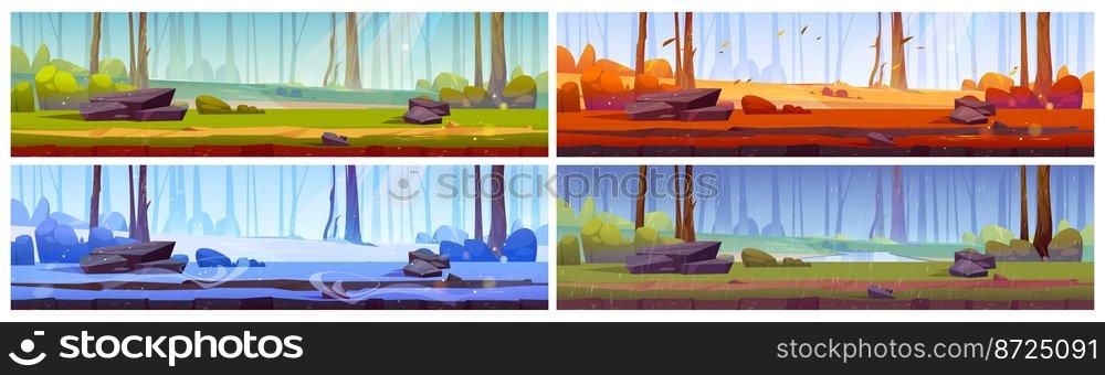 Cartoon nature landscape backgrounds set. Forest at summer, spring, autumn and winter season. Conifers trees at scenery wild wood with plants and stones, game locations, Panoramic vector illustration. Cartoon nature seasons landscape backgrounds set