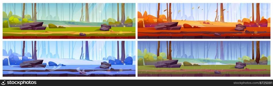 Cartoon nature landscape backgrounds set. Forest at summer, spring, autumn and winter season. Conifers trees at scenery wild wood with plants and stones, game locations, Panoramic vector illustration. Cartoon nature seasons landscape backgrounds set