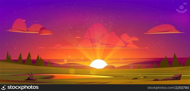Cartoon nature landscape beautiful sunset at green field with pond, grass, rocks and conifers under purple sky with red clouds. Picturesque scenery background, natural dusk scene, Vector illustration. Cartoon nature landscape beautiful sunset at field