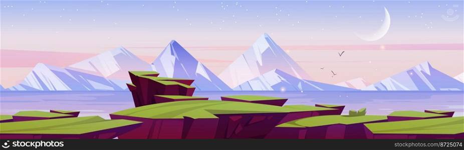 Cartoon nature landscape, early morning at mountain lake with rock cliff and green grass under pink sky with crescent and flying birds. Picturesque scenery tranquil background, Vector illustration. Cartoon nature landscape, morning at mountain lake