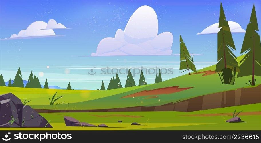 Cartoon nature landscape green field, conifers trees and rocks under blue sky with clouds. Scenery view background, summer or spring meadow or pasture with plants and stones, Vector illustration. Cartoon nature landscape green field or meadow