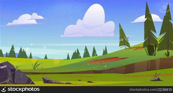 Cartoon nature landscape green field, conifers trees and rocks under blue sky with clouds. Scenery view background, summer or spring meadow or pasture with plants and stones, Vector illustration. Cartoon nature landscape green field or meadow