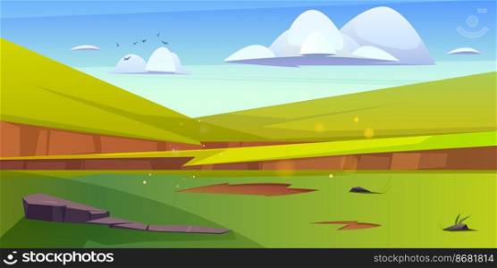Cartoon nature landscape green field with grass and rocks under blue sky with fluffy clouds and flying birds, picturesque scenery background, natural tranquil countryside scene, vector illustration. Cartoon nature landscape green field with grass