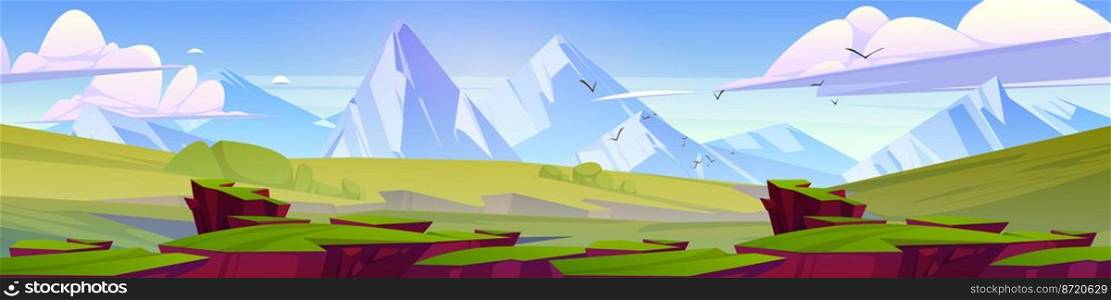 Cartoon nature landscape green valley with grass and rocks under blue sky with fluffy clouds and flying birds, picturesque scenery background, natural tranquil countryside scene, vector illustration. Cartoon nature landscape green valley with grass