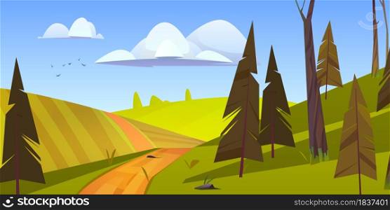 Cartoon nature landscape, rural dirt road going along green field with conifers trees. Path and spruces under blue sky with fluffy clouds and flying birds, scenery wood background, vector illustration. Cartoon nature landscape, rural dirt road, field