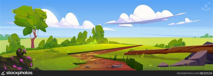 Cartoon nature landscape, rural dirt road going along green field with grass, bushes and green trees under blue sky with fluffy clouds, scenery background for game, summer day Vector illustration. Cartoon nature landscape, rural dirt road, field
