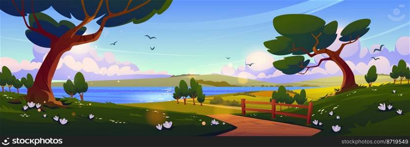 Cartoon nature landscape, summer day background with dirt road going along forest trees and green fields with flowers to clear lake under blue sky with fluffy clouds, scenery wood, Vector illustration. Cartoon nature landscape, summer day background