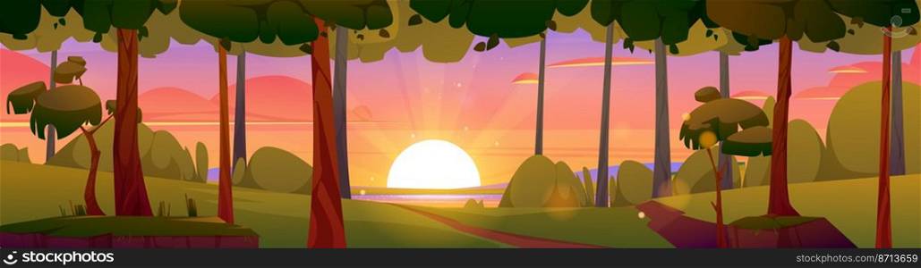 Cartoon nature landscape, summer evening forest panoramic background with narrow road going along green trees to lake shore. Path under pink dusk sky with sun shining, scenery wood Vector illustration. Cartoon nature landscape, summer evening forest
