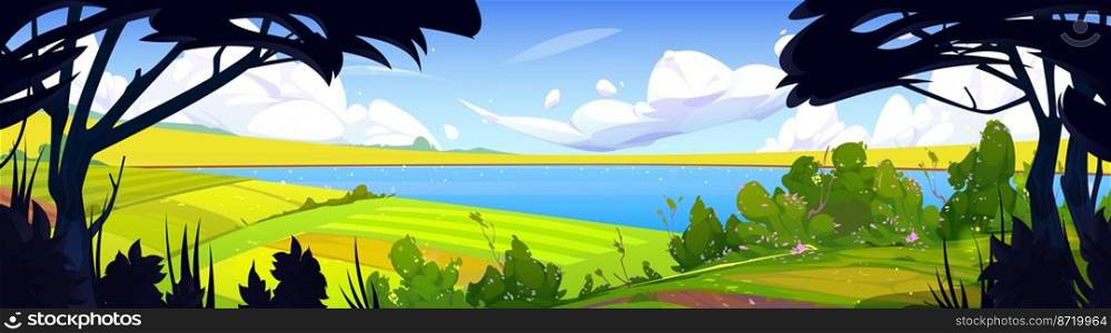 Cartoon nature landscape, summer forest panoramic background with lake, trees, bushes and green rural fields under blue sky with fluffy clouds, scenery woodland at day time, Vector illustration. Cartoon nature landscape, summer forest background