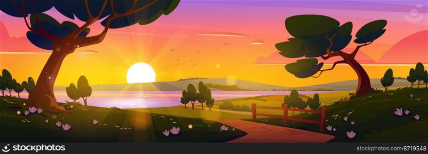 Cartoon nature landscape, summer sunset background with dirt road going along forest trees and green fields with flowers to lake under evening sky with fluffy clouds, scenery wood, Vector illustration. Cartoon nature landscape, summer sunset background