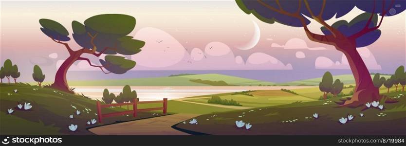 Cartoon nature landscape, sunrise, early morning summer background. Dirt road going along forest trees and green fields with flowers to clear lake under pink sky with fluffy clouds Vector illustration. Cartoon nature landscape, sunrise, early morning