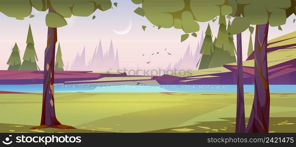 Cartoon nature landscape trees and river or lake at early morning. Scenery summer background with pond and spruces view, green grass on rocks, pink sky with crescent natural scene, Vector illustration. Cartoon nature landscape, early morning scene