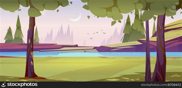 Cartoon nature landscape trees and river or lake at early morning. Scenery summer background with pond and spruces view, green grass on rocks, pink sky with crescent natural scene, Vector illustration. Cartoon nature landscape, early morning scene