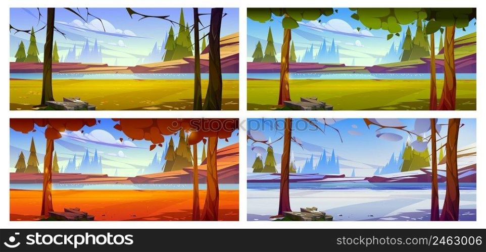 Cartoon nature landscape trees, rocks and river or lake at spring, summer, autumn and winter time. Scenery background at year seasons with pond and spruces natural scenes, Vector illustration, set. Cartoon nature landscape trees, rocks and river